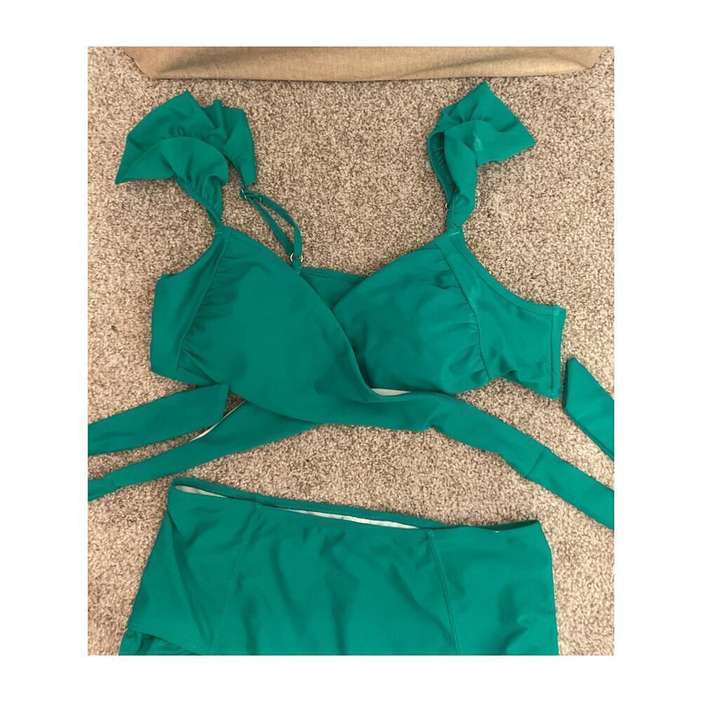 Shekini Women's Cross Wrap Ruffle Hight Waisted Green Bikini, L - Picture 3 of 6